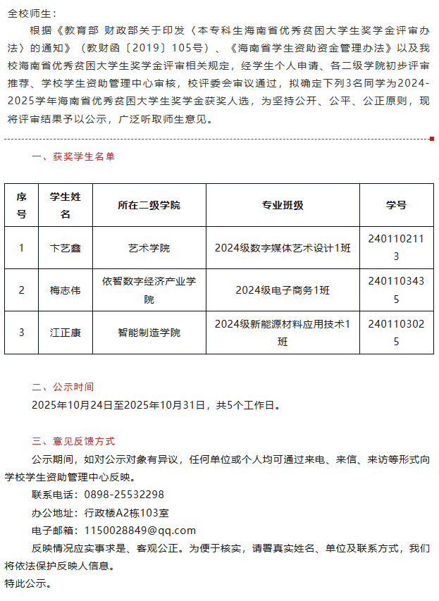 海南省优秀贫困大学生奖学金获奖学生名单的公示